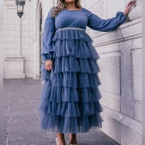 JessaKae Dusty Blue Long Sleeve Tiered Tulle Maxi Dress